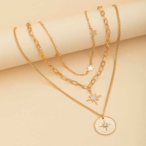 A diamond studded hexagon star disc pentagram pendant multilayer necklace - Picture 1 of 4
